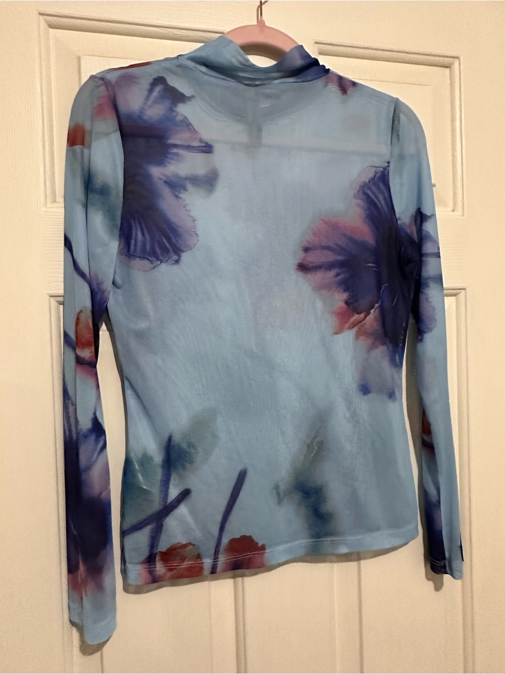 Anthropologie Light Blue Sheer Floral Long-Sleeve Mock Neck Top - Picture 2 of 7